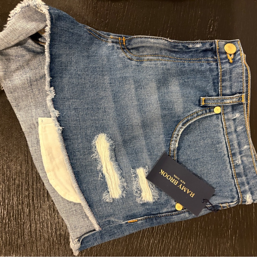 Ramy Brook Blue Denim Shorts with Distressed Details